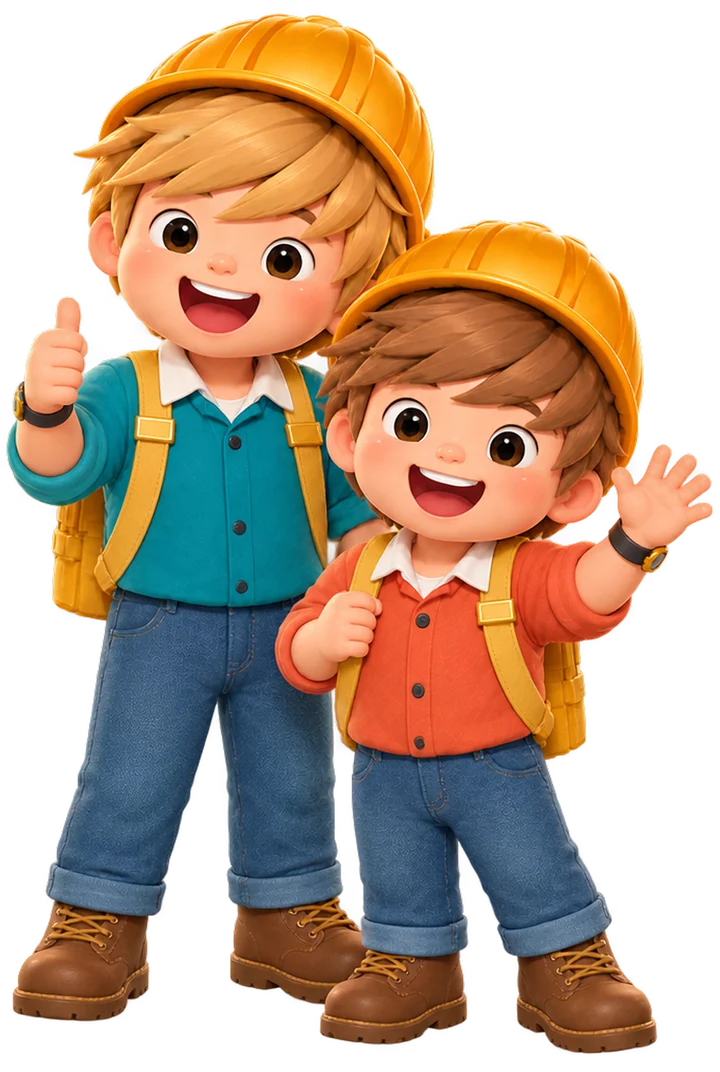 Lucas and Thomas in their hard hats, waving