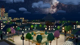 In-game scene: illuminated town and an island beneath the Milky Way. Sky panorama: ESO/S. Brunier, CC BY 4.0; adapted in game.
