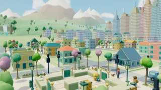 Actual daytime game scene: a puzzle square, colorful town and mountains