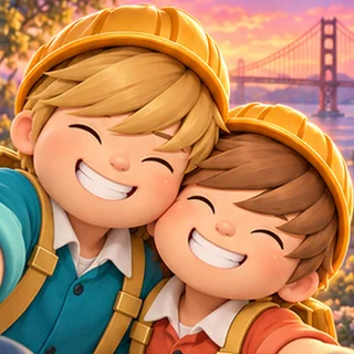 In-game selfie illustration: Lucas and Thomas together at sunset