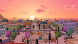 In-game scene: the town and ocean beneath a pink sunset
