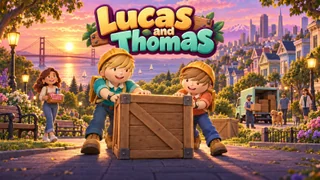 Lucas and Thomas together with a crate in their colorful seaside town