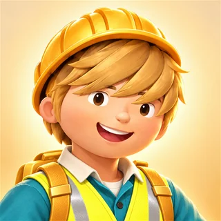 Lucas, wearing a yellow hard hat and teal shirt