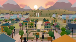 In-game scene: morning mountains, a waterfall and the town rooftops